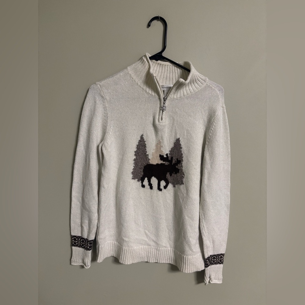 Vintage Christopher & Banks Moose Knit 1/4 Zip Cozy Sweater Size Medium Cottage
